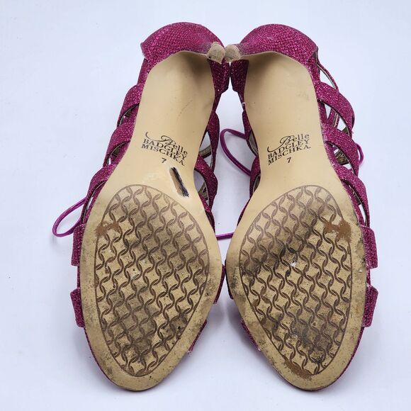 Belle Badgley Mischka Zandra Lace Up Strappy Pink Glitter Heels Size 7 - Picture 7 of 9